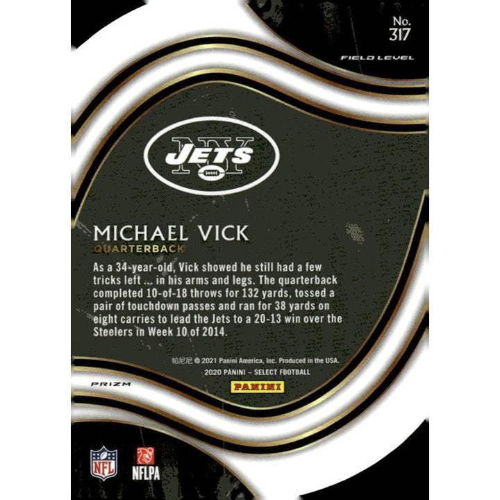 2020 Panini Select Michael Vick Field Level Silver NFL card showing Michael Vick in Jets uniform throwing football