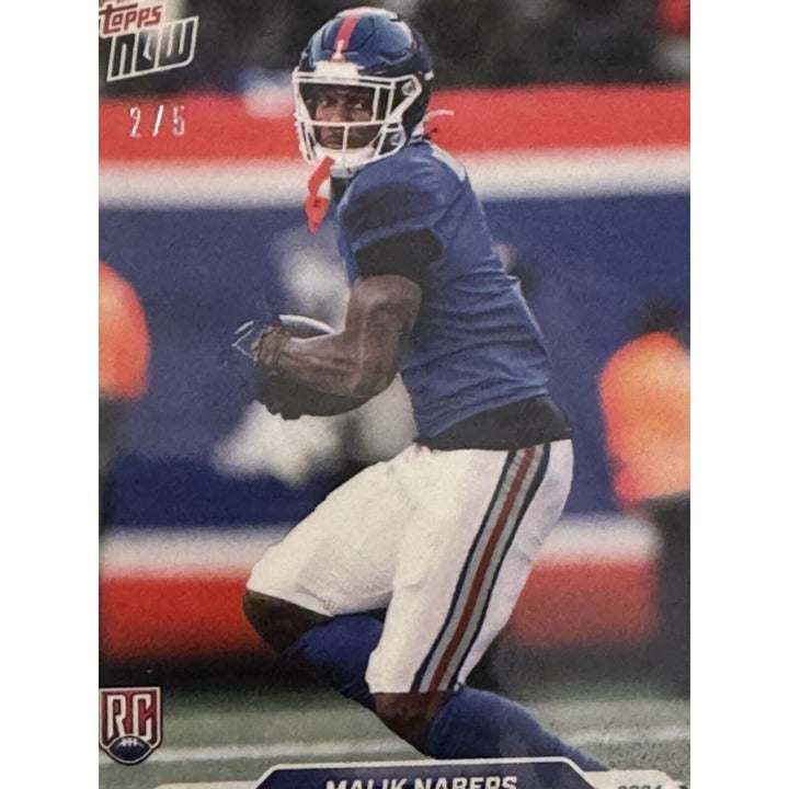 Limited edition Malik Nabers RC 2024 Topps NOW Football card in New York Giants colors with 1,000 receiving yards highlight