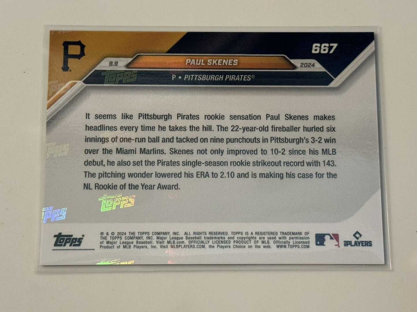 2024 Topps Now Paul Skenes RC Sets Pirates Rookie Strikeout Record #667 IN HAND!