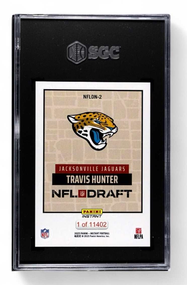 2025 PANINI INSTANT Travis Hunter NFL Draft Night rookie card graded SGC 9.5 with Jaguars jersey