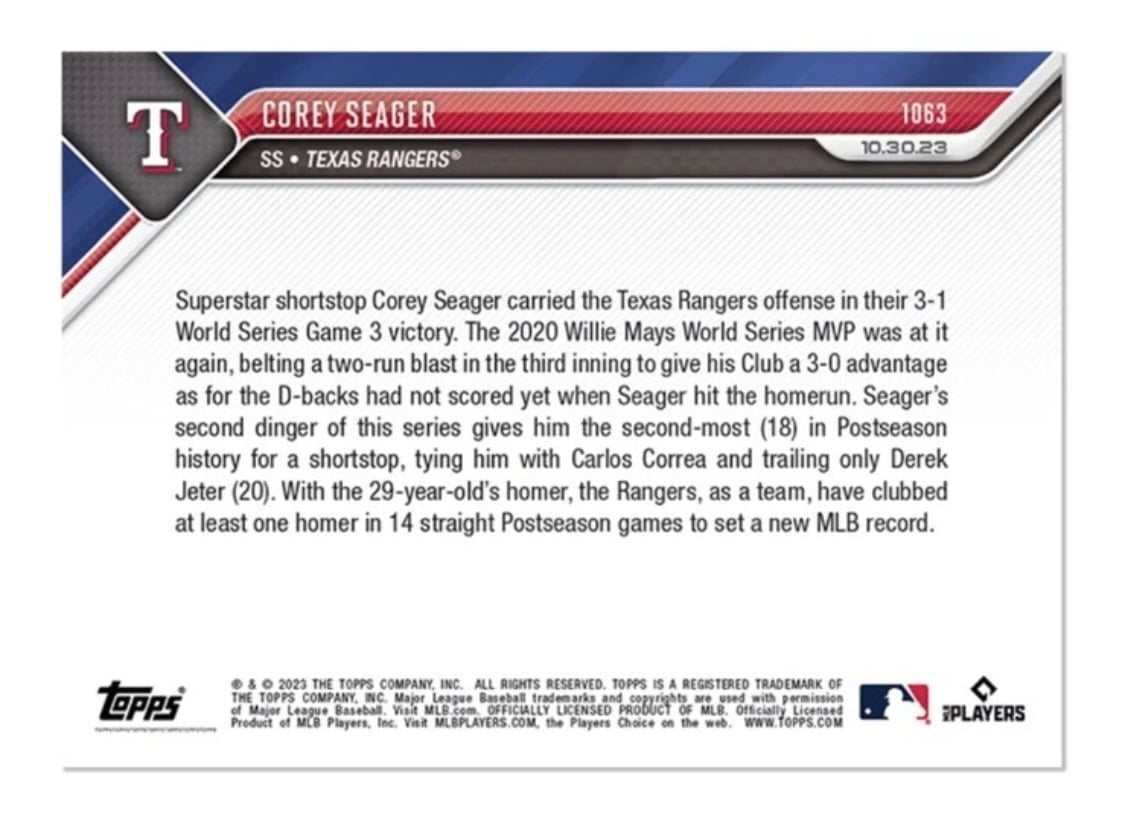 World Series 2023 Corey Seager Texas Rangers game-winning home run Topps NOW card
