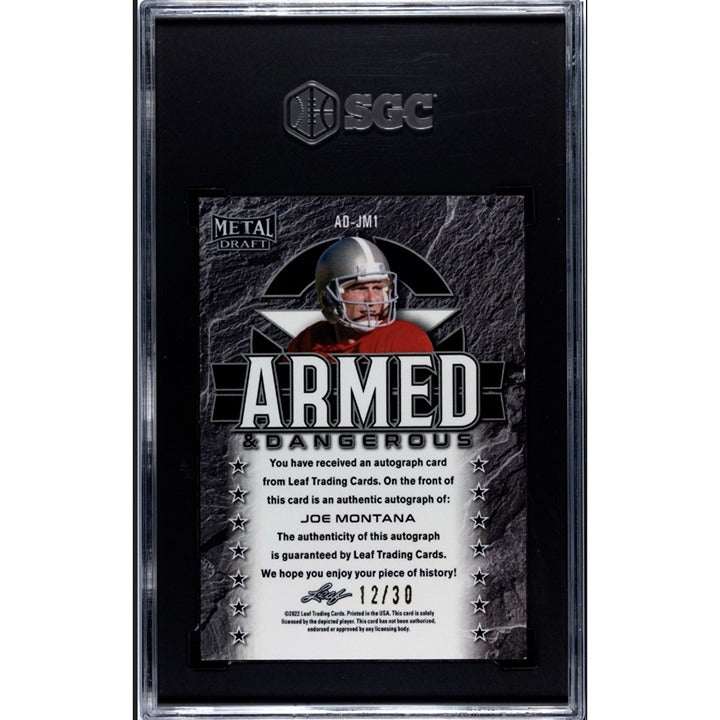 2022 Leaf Metal Draft Joe Montana signed Armed & Dangerous Silver Wave football card graded 9.5