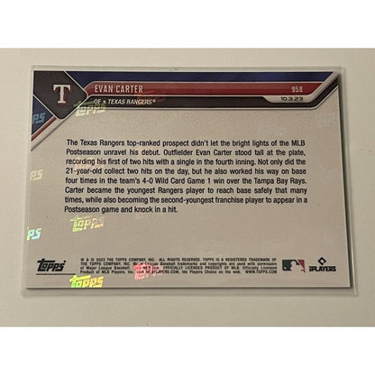 2023 ToppsNOW Evan Carter Wild Card Game 1 - MLB AL Texas Rangers Call Up #958 *