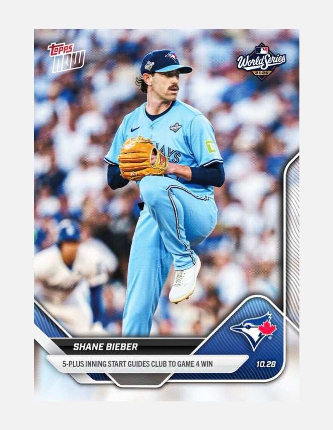 2024 Topps Now Shane Bieber Blue Jays World Series Game 4 win MLB card