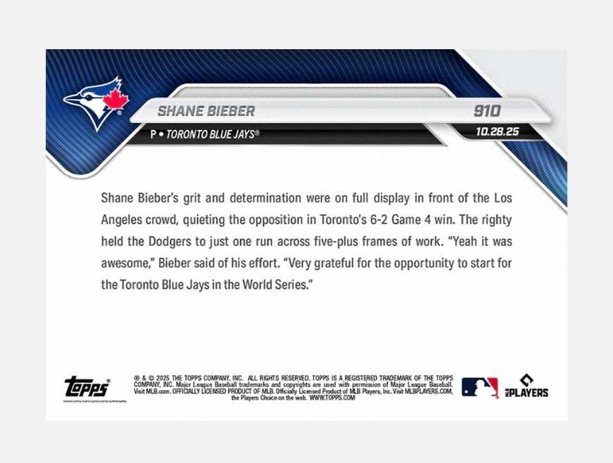 2024 Topps Now Shane Bieber Blue Jays World Series Game 4 win MLB card