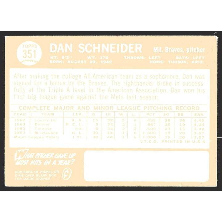 1964 Topps Baseball card #351 Dan Schneider Atlanta Braves pitcher VG to EX condition