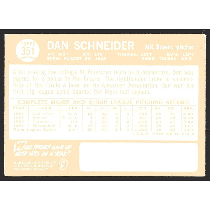 1964 Topps Baseball #351 Dan Schneider Atlanta Braves VG- Very Good EX-Excellent