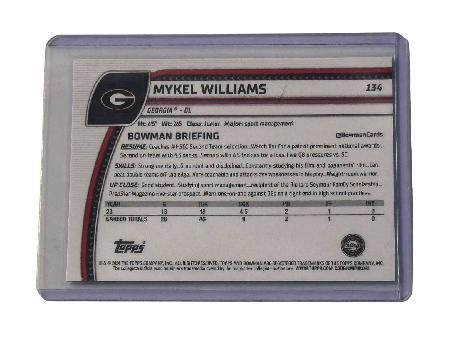 Mykel Williams RC 2024 Bowman U Chrome Card 134 Georgia Bulldogs DL