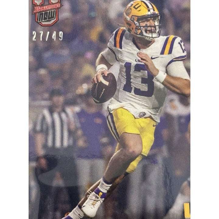 Limited edition Garrett Nussmeier RC LSU Tigers 2024 Bowman football rookie card numbered 27/49