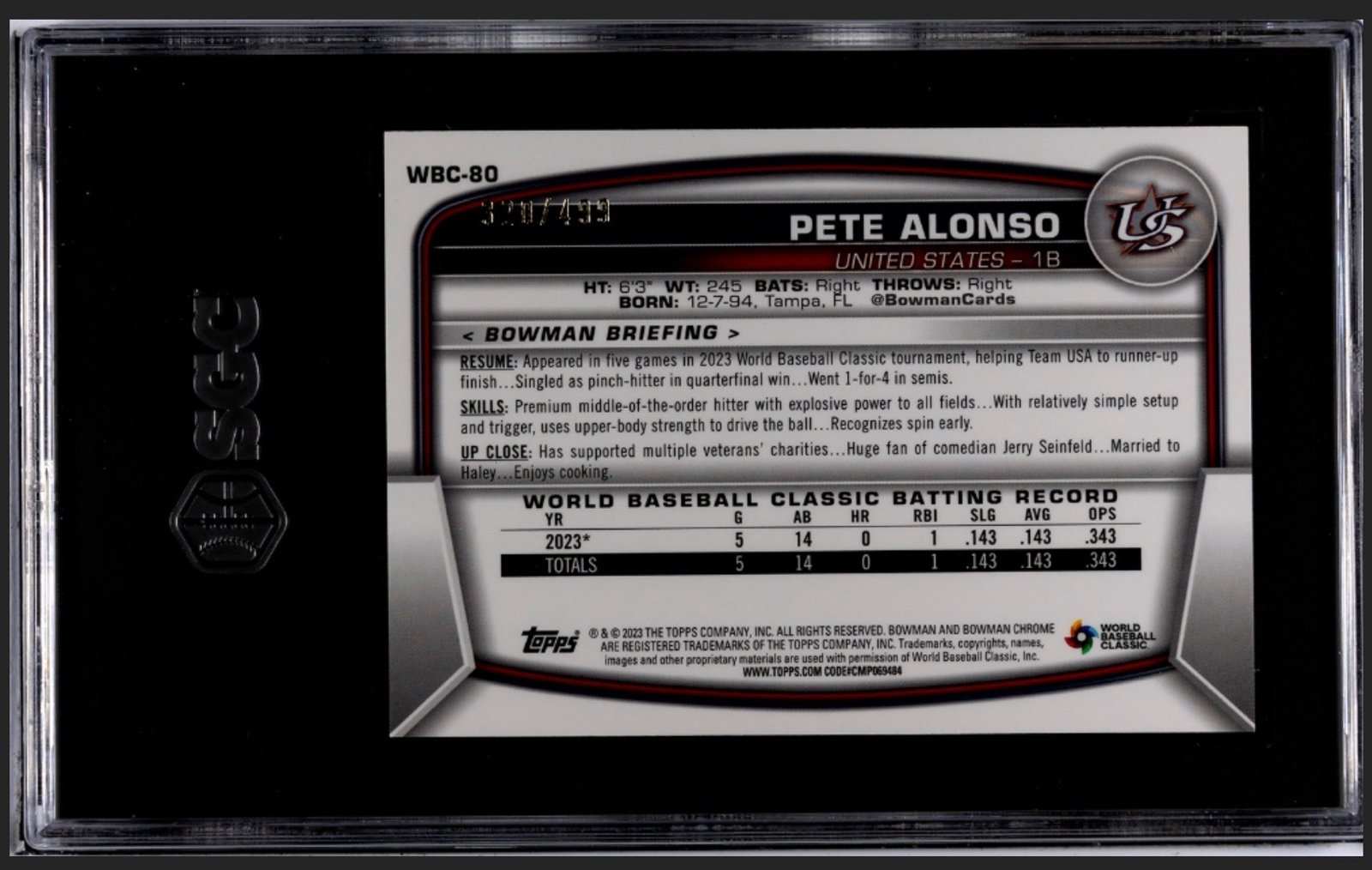 320/499 2023 Bowman Chrome Pete Alonso WBC-80 Flag Refractor MLB Mets card SGC 10