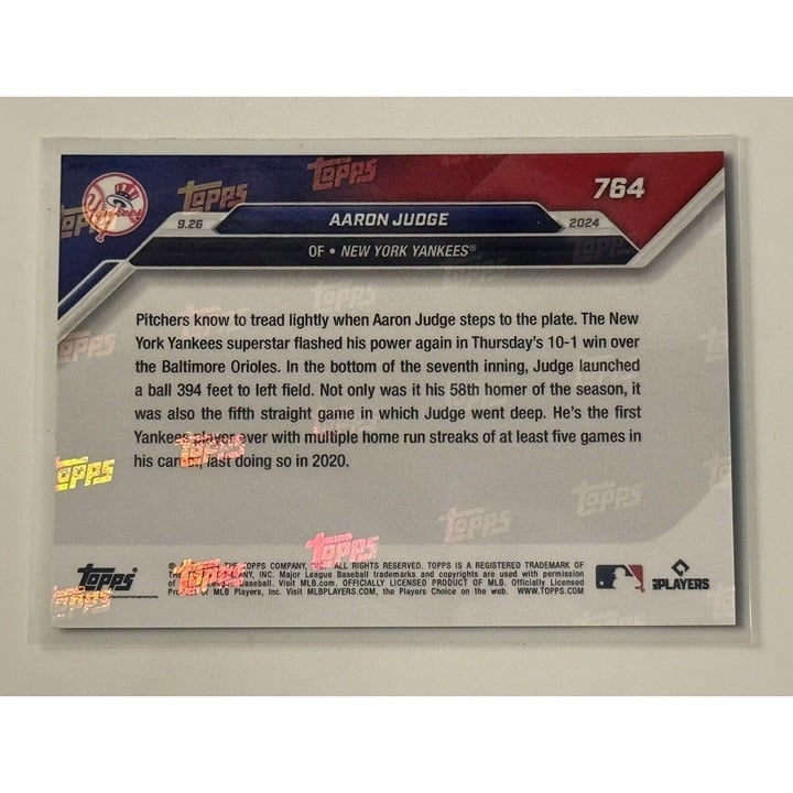 All RISE! Aaron Judge 58th Home Run 2024 MLB Topps NOW Card NY Yankees* Card 764