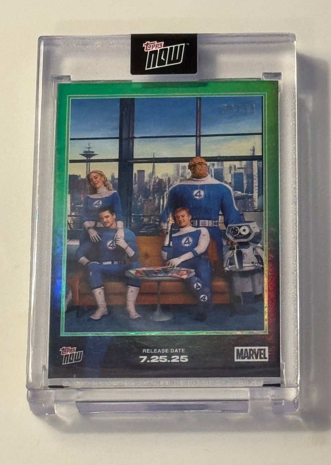 58/99 Limited Edition 2025 Topps Now Marvel Fantastic Four Green Foil Refractor collectible card in protective case