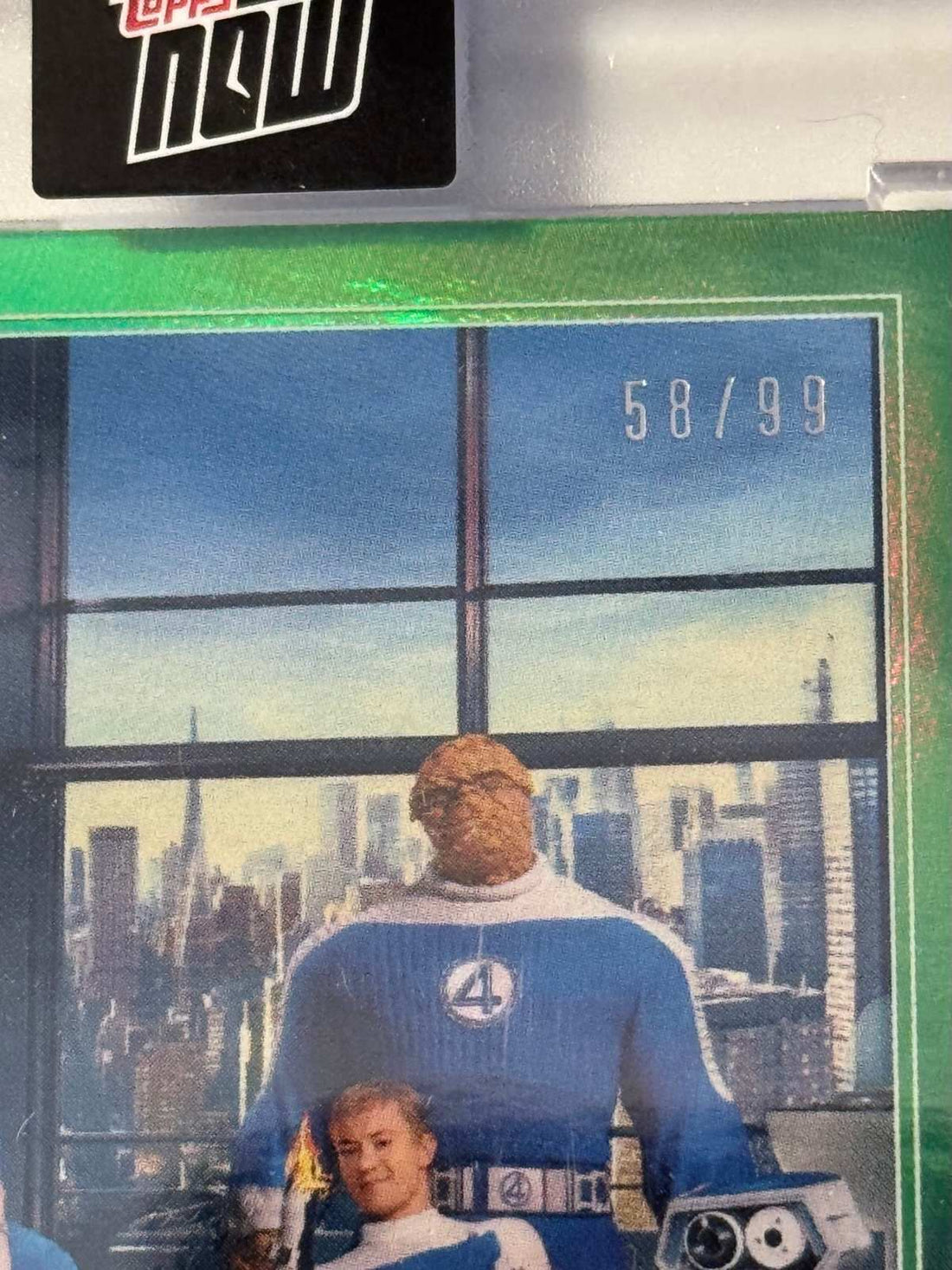 58/99 Limited Edition 2025 Topps Now Marvel Fantastic Four Green Foil Refractor collectible card in protective case