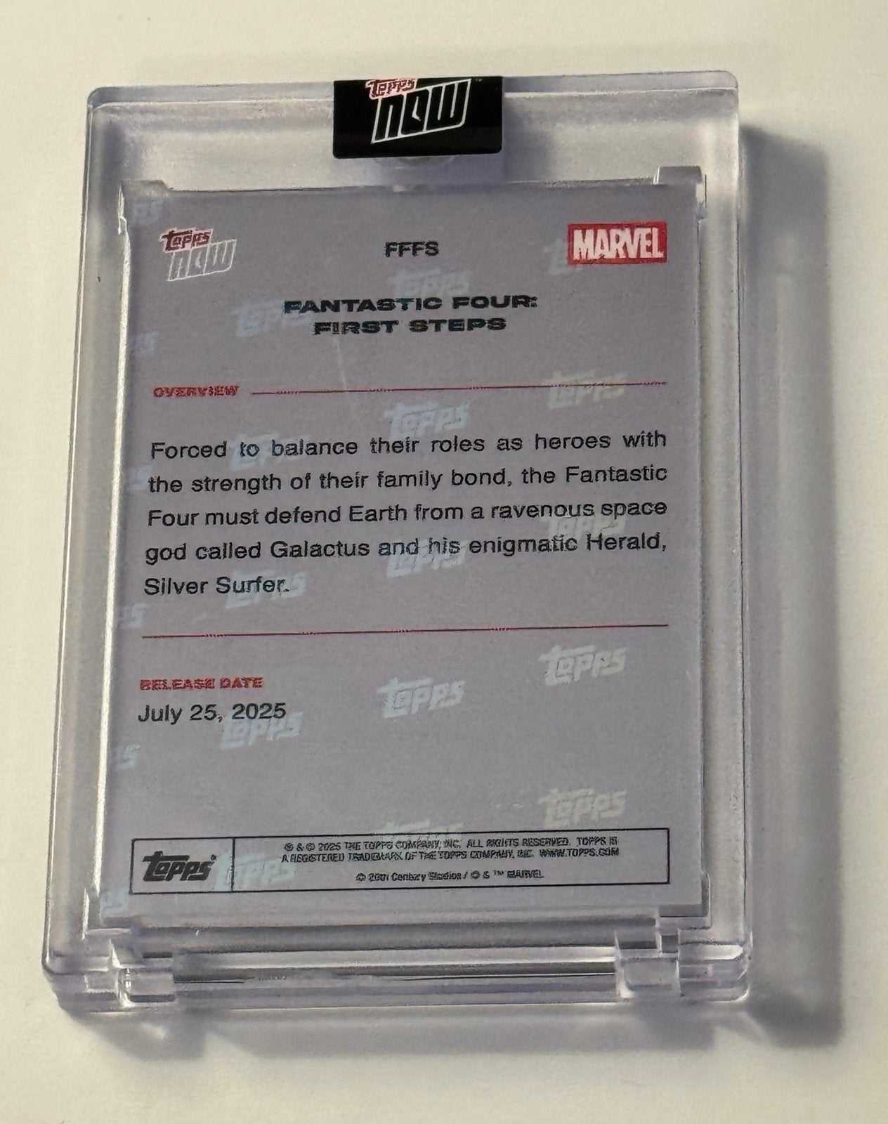 58/99 Limited Edition 2025 Topps Now Marvel Fantastic Four Green Foil Refractor card in protective case