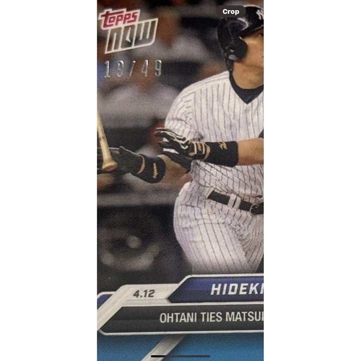 Limited edition 19/49 Hideki Matsui Shohei Ohtani 2024 Topps Now MLB baseball card showcasing tied most home runs