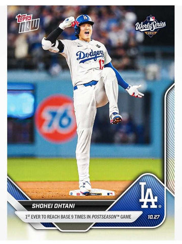 Shohei Ohtani 2025 MLB Topps NOW card celebrating World Series first to reach base 9 times