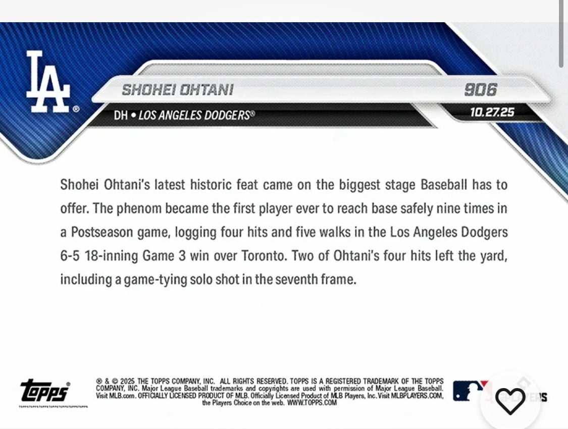 Shohei Ohtani World Series Topps NOW card 906 featuring historic 9-time base reach in 2025 MLB postseason game