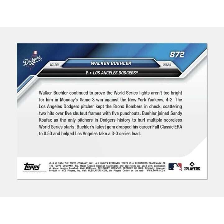 Walker Buehler 2024 Topps Now MLB card pitching for LA Dodgers World Series edition
