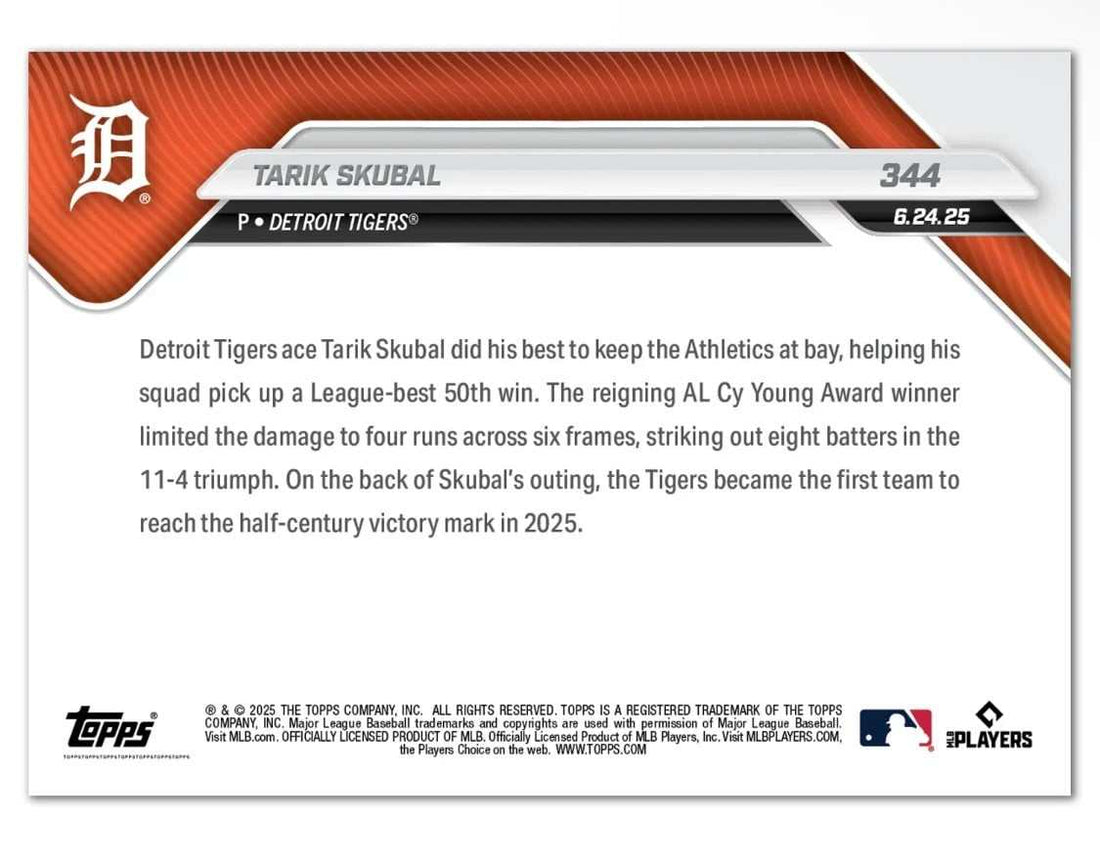 2025 MLB Topps Now Tarik Skubal Detroit Tigers baseball card pitching action