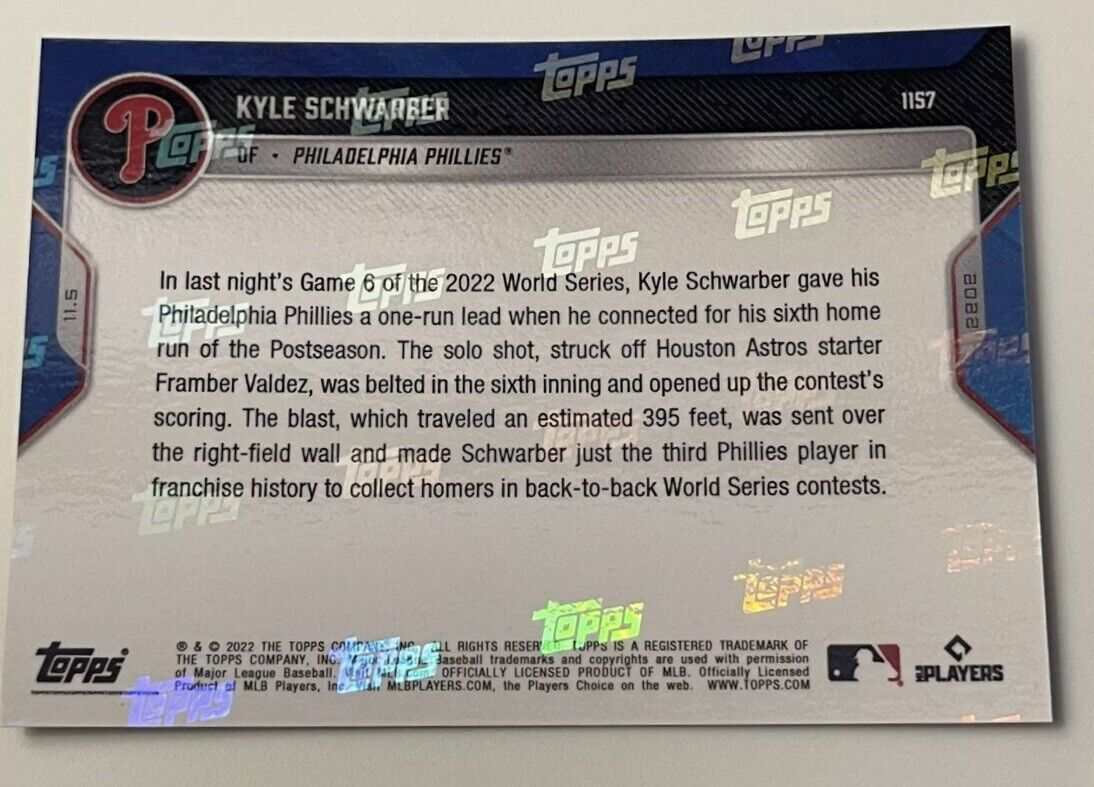 Kyle Schwarber 2022 Topps Now World Series home run Phillies baseball card