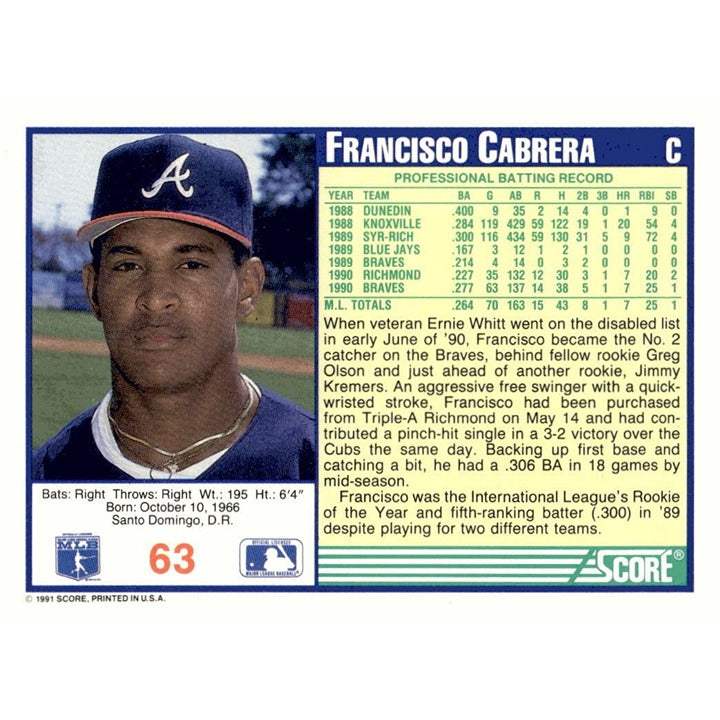 1991 Score Vintage Baseball Card of Francisco Cabrera Atlanta Braves NL West Rookie card