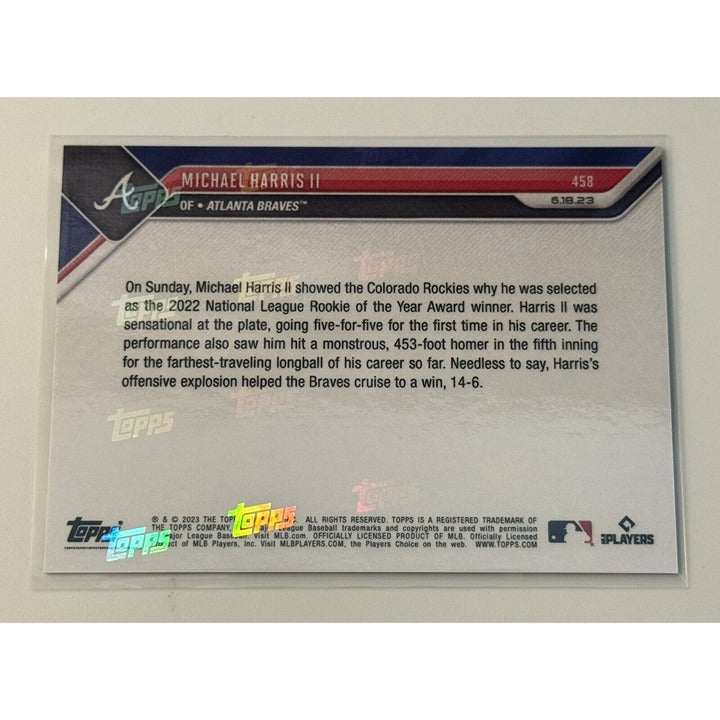 Michael Harris II 2023 Topps Now rookie baseball card with 5 hits and longest home run