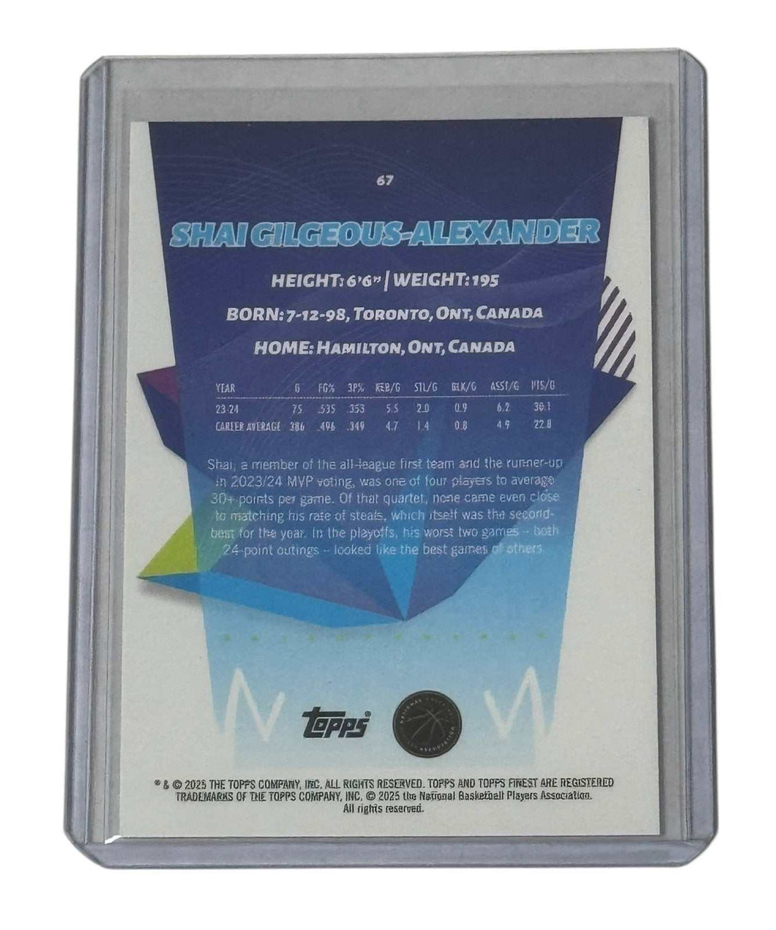 2023-24 Topps Finest Shai Gilgeous-Alexander NBA card #67 Oklahoma City Thunder basketball collectible