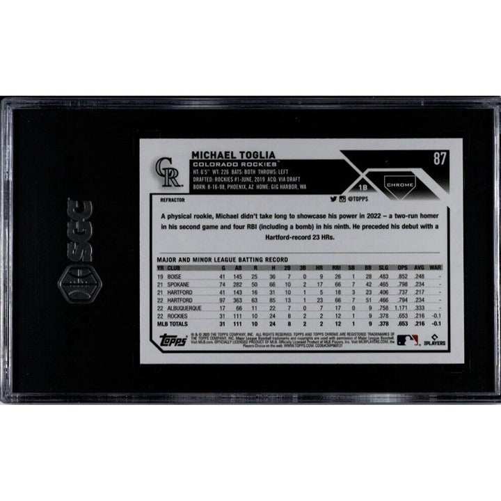 Michael Toglia 2023 Topps Chrome Refractor baseball card graded SGC 10, Colorado Rockies, card number 87