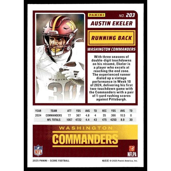 2025 NFL SCORE Panini football card Austin Ekeler Washington Commanders near mint condition