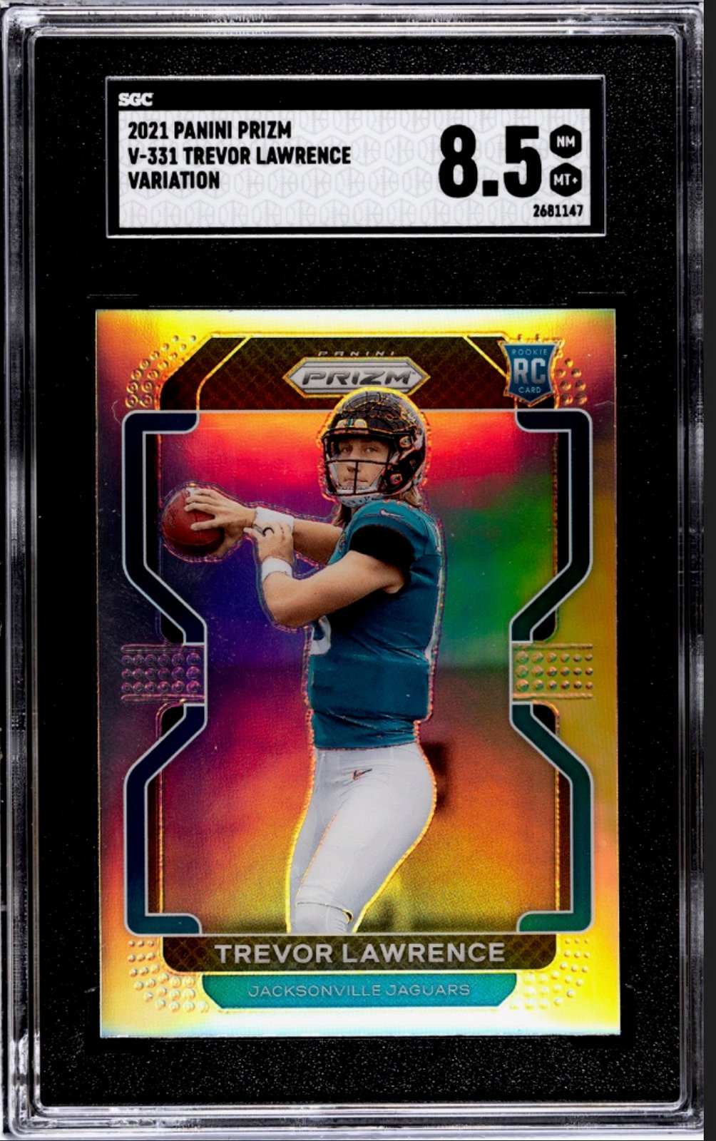 2021 PANINI PRIZM Trevor Lawrence RC Variation graded 8.5 by SGC showcasing Jacksonville Jaguars quarterback in holographic card design