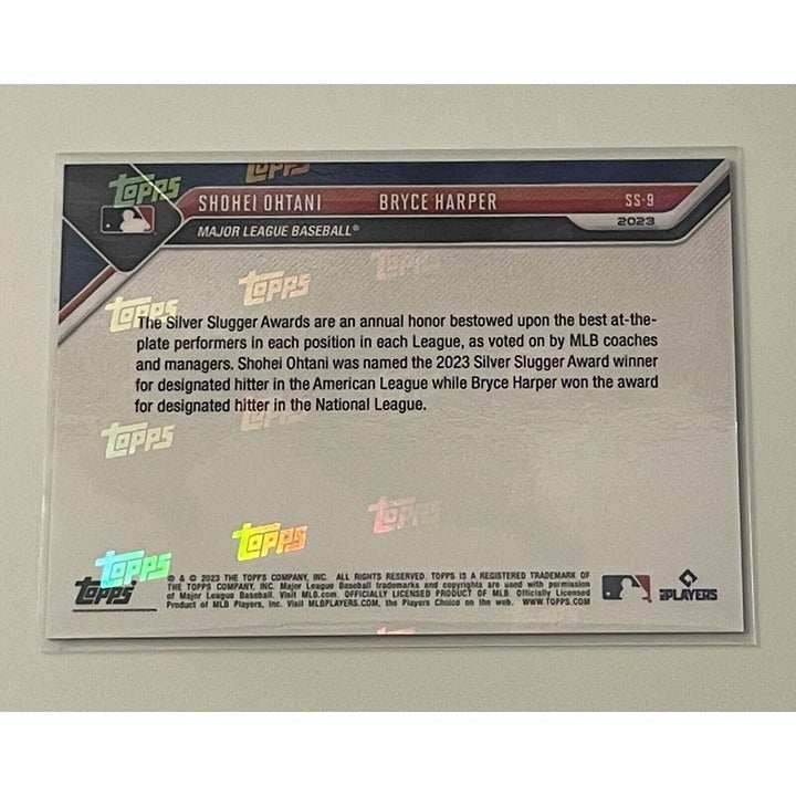 2023 Topps Now limited edition Shohei Ohtani and Bryce Harper Silver Slugger baseball trading card with blue parallel design