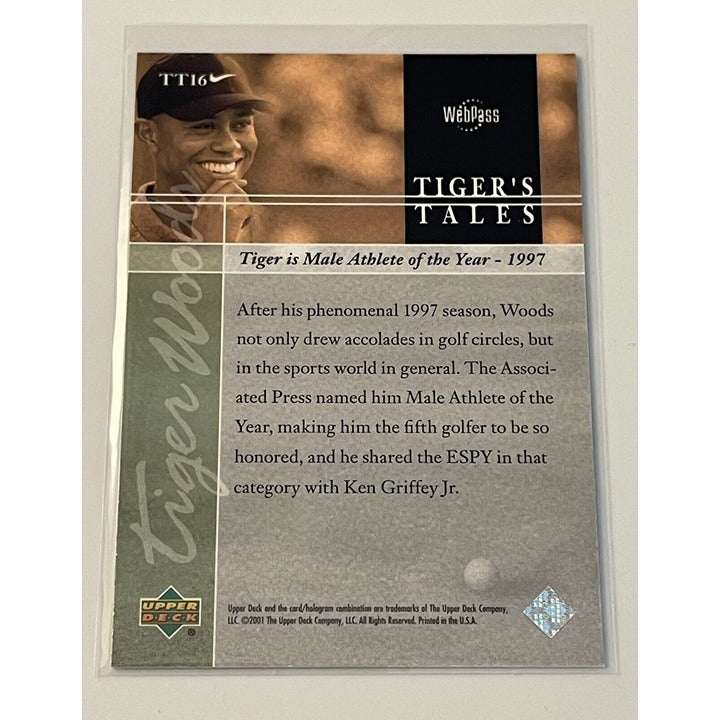 Tiger Woods RC 2001 Upper Deck PGA Tour rookie trading card from Tiger's Tales set