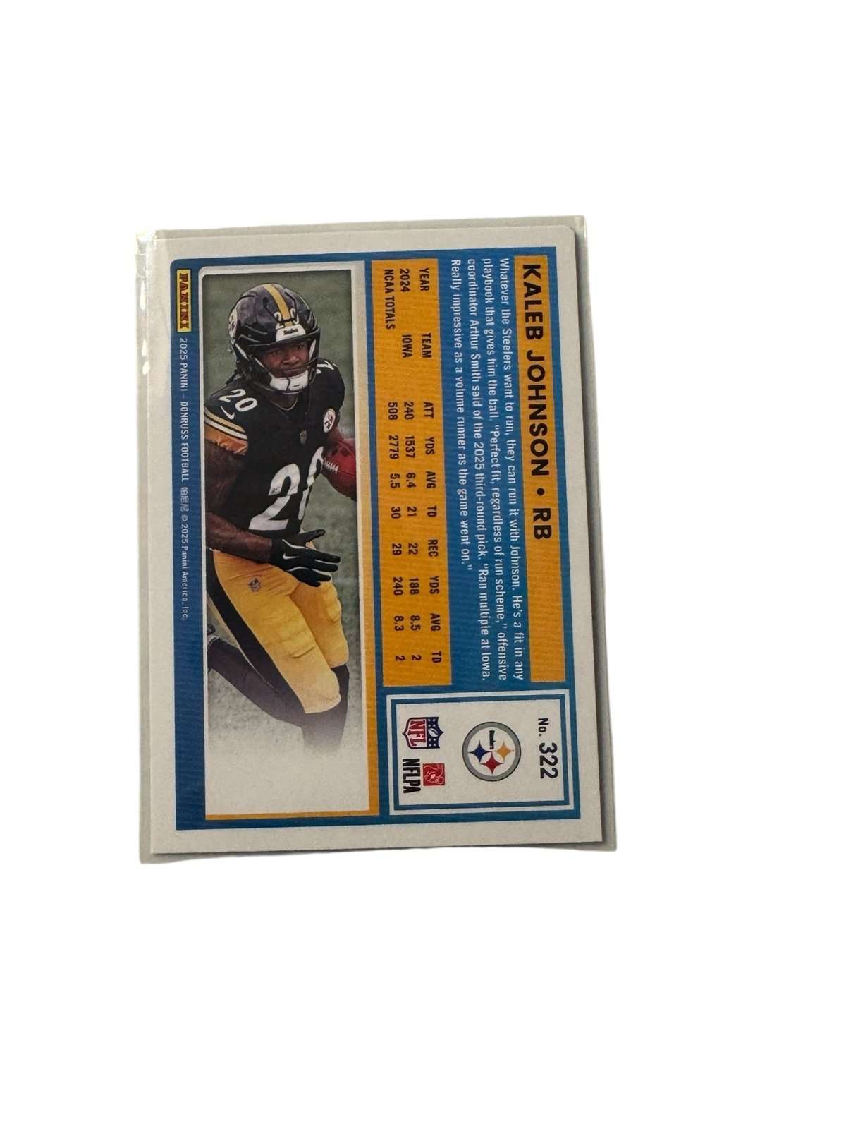 Kaleb Johnson RC 2025 Donruss Press Proof Pittsburgh Steelers rookie football card #322