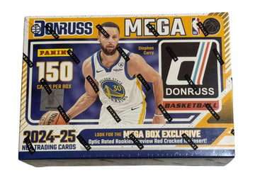Sealed 2024 25 Donruss NBA Mega Box basketball trading cards with Stephen Curry cover