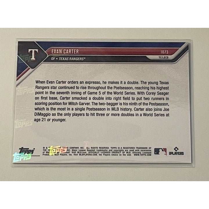 2023 Topps Now Evan Carter Texas Rangers World Series Champs baseball card