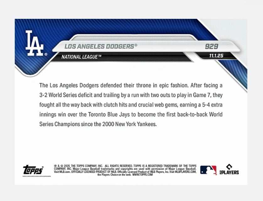 LA Dodgers 2025 World Series Champs Topps Now collectible card celebrating back-to-back championship win