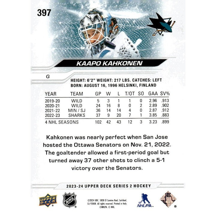 Kaapo Kahkonen 2023-24 Upper Deck Series 2 NHL Hockey Card #397 San Jose Sharks