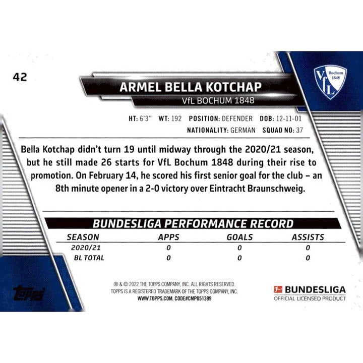 2021-22 Topps Bundesliga Soccer #42 Armel Bella-Kotchap - VFL Bochum 1848 Futbol