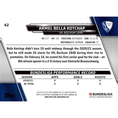 2021-22 Topps Bundesliga Soccer #42 Armel Bella-Kotchap - VFL Bochum 1848 Futbol