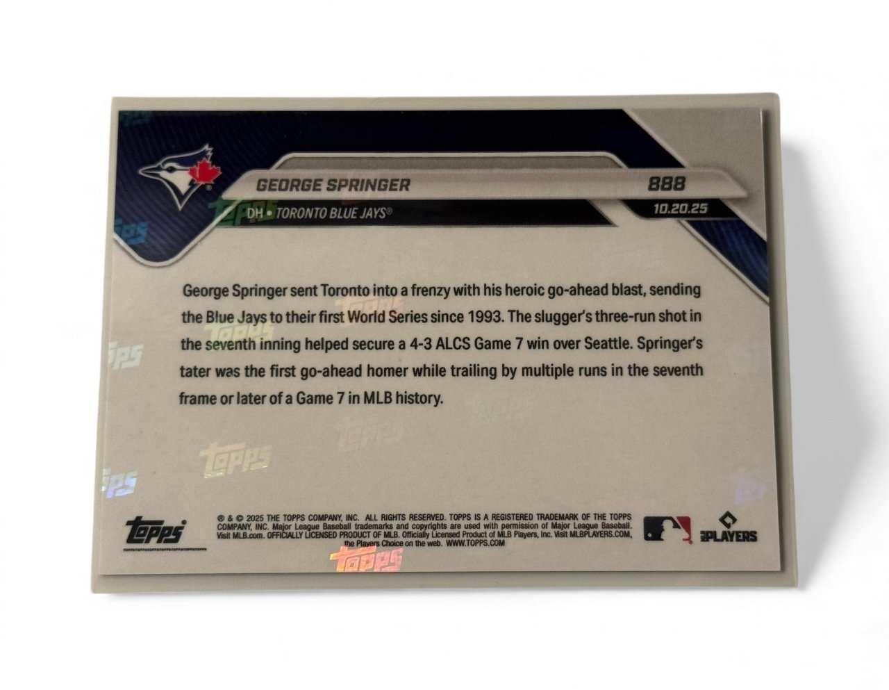 2025 Topps Now George Springer ALCS Gold Parallel baseball card blue jays limited edition
