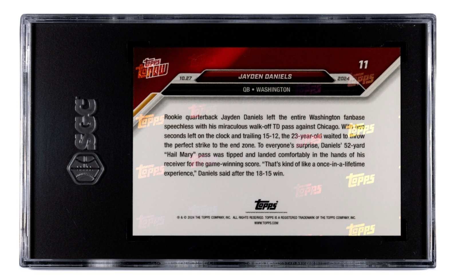 Jayden Daniels RC 2024 Topps NOW NFL Commanders rookie card graded SGC 9 in protective case
