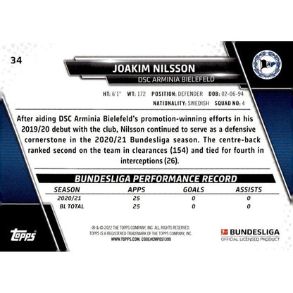 2021-22 Topps Bundesliga Soccer #34 Joakim Nilsson DSC Arminia Bielefeld Futbol*