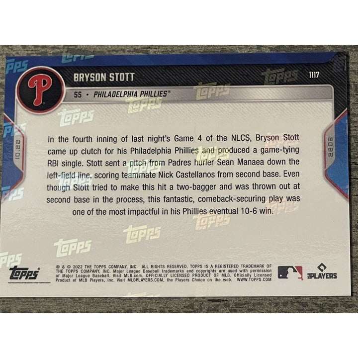 2022 MLB Topps Now Bryson Stott Phillies rookie baseball card NLCS game action