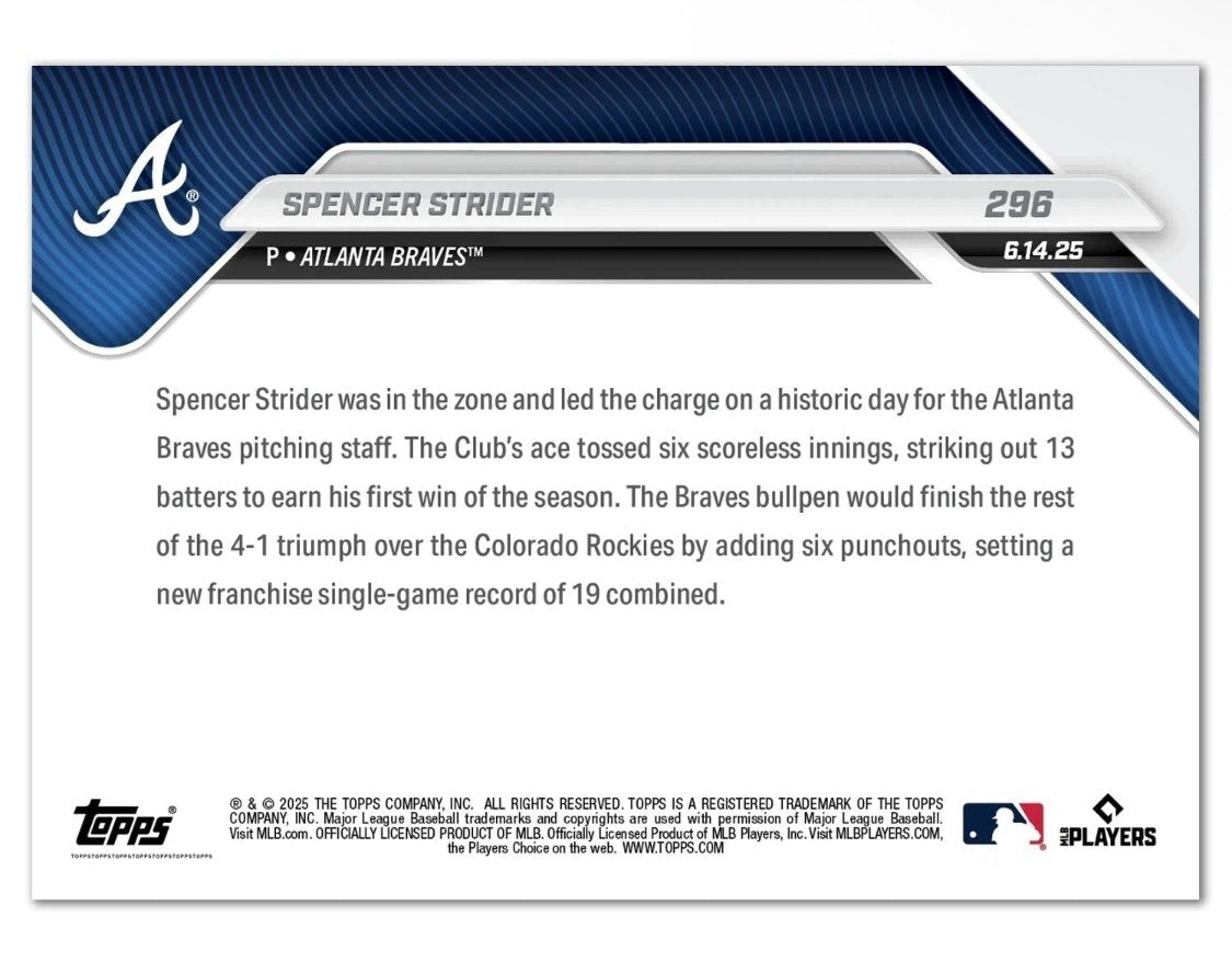 2025 MLB Topps Now Spencer Strider 13ks leads Atlanta Braves K Record* Card #296