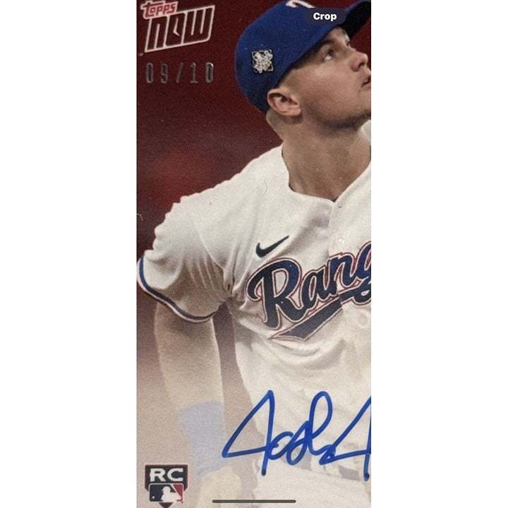 9/10 Josh Jung RC 2023 Topps NOW World Series Champs autographed Texas Rangers baseball card in protective case