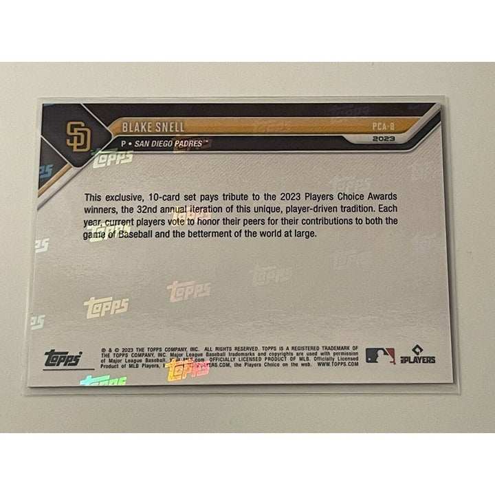 2023 Topps NOW PCA Blue Blake Snell NL Pitcher of the Year Padres baseball card in penny sleeve and top loader