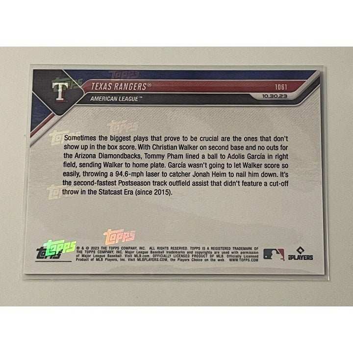Texas Rangers 2023 World Series Topps Now card #1061 showing incredible throw home action