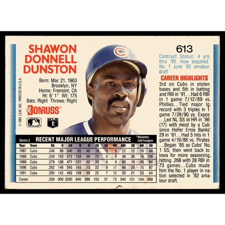 1992 Donruss Shawon Dunston Cubs baseball card near mint condition