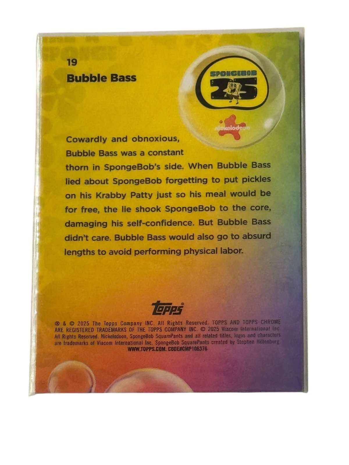 Topps Chrome SpongeBob 25th Anniversary Bubble Bass #19 trading card back with character text and logo