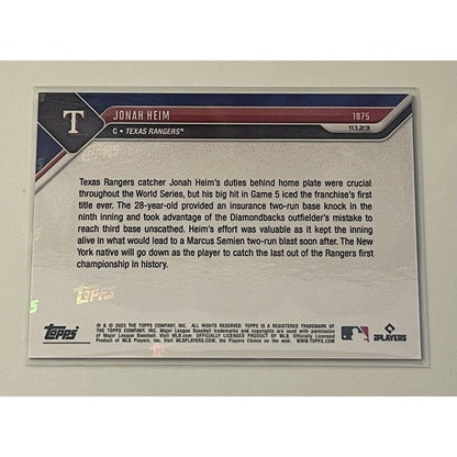 2023 MLB Topps Now Jonah Heim Texas Rangers Win World Series Champs - Card #1075